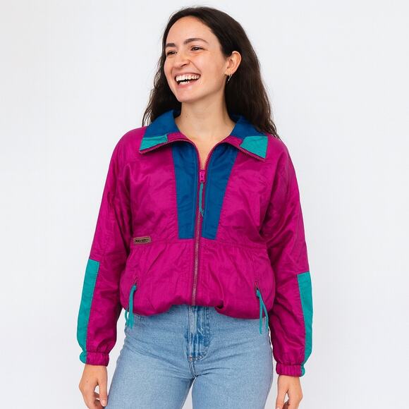 Vintage 90s Columbia Nylon Windbreaker Jacket Shiny Colorblock S - Picture 1 of 8